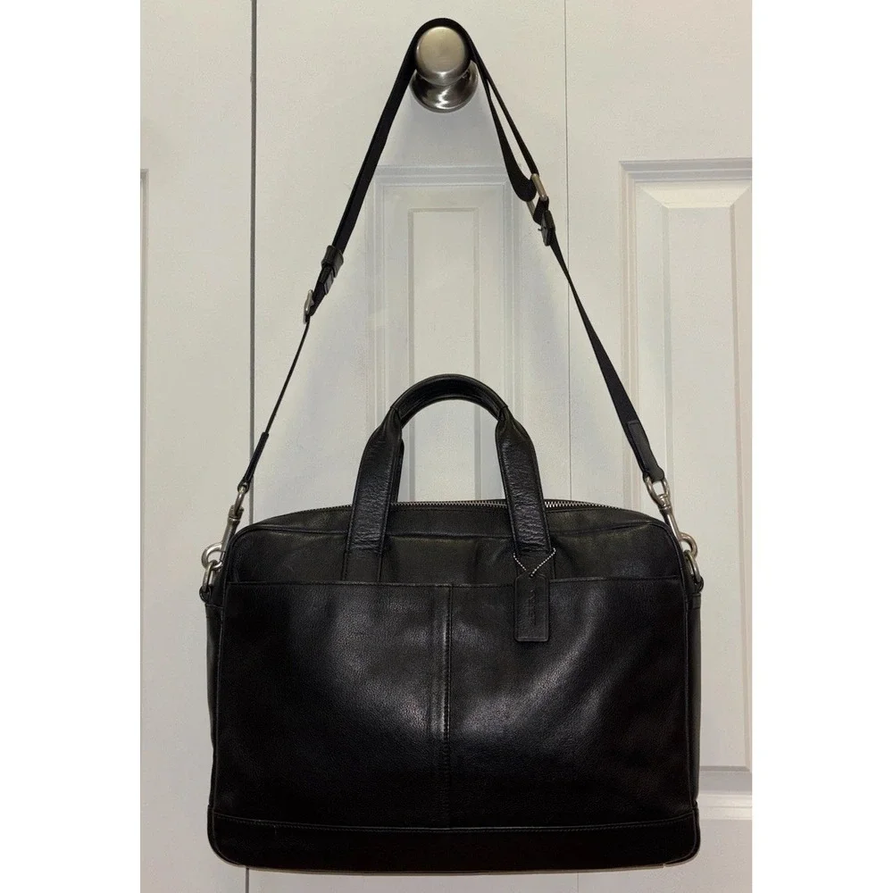 Coach Hudson Slim Briefcase Black Leather Laptop Bag Mens F71561 Crossbody Strap